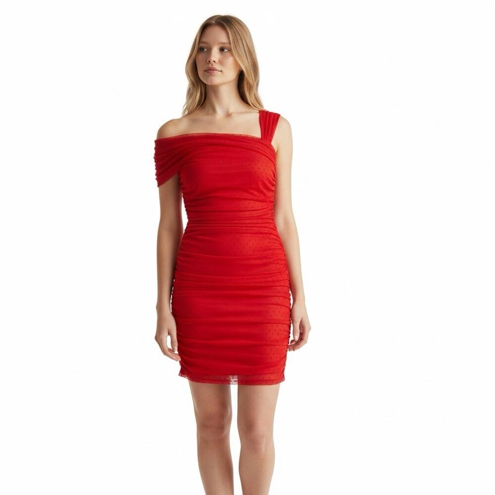 Majorelle Audrina Mini Dress Red Sheer Polka Dots One Shoulder Size Small